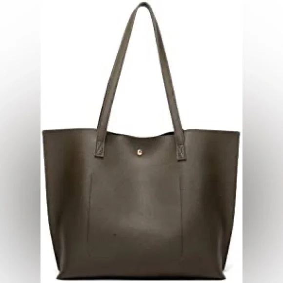 DARK GREEN SOFT FAUX LEATHER TOTE SHOULDER BAG - Picture 3 of 5